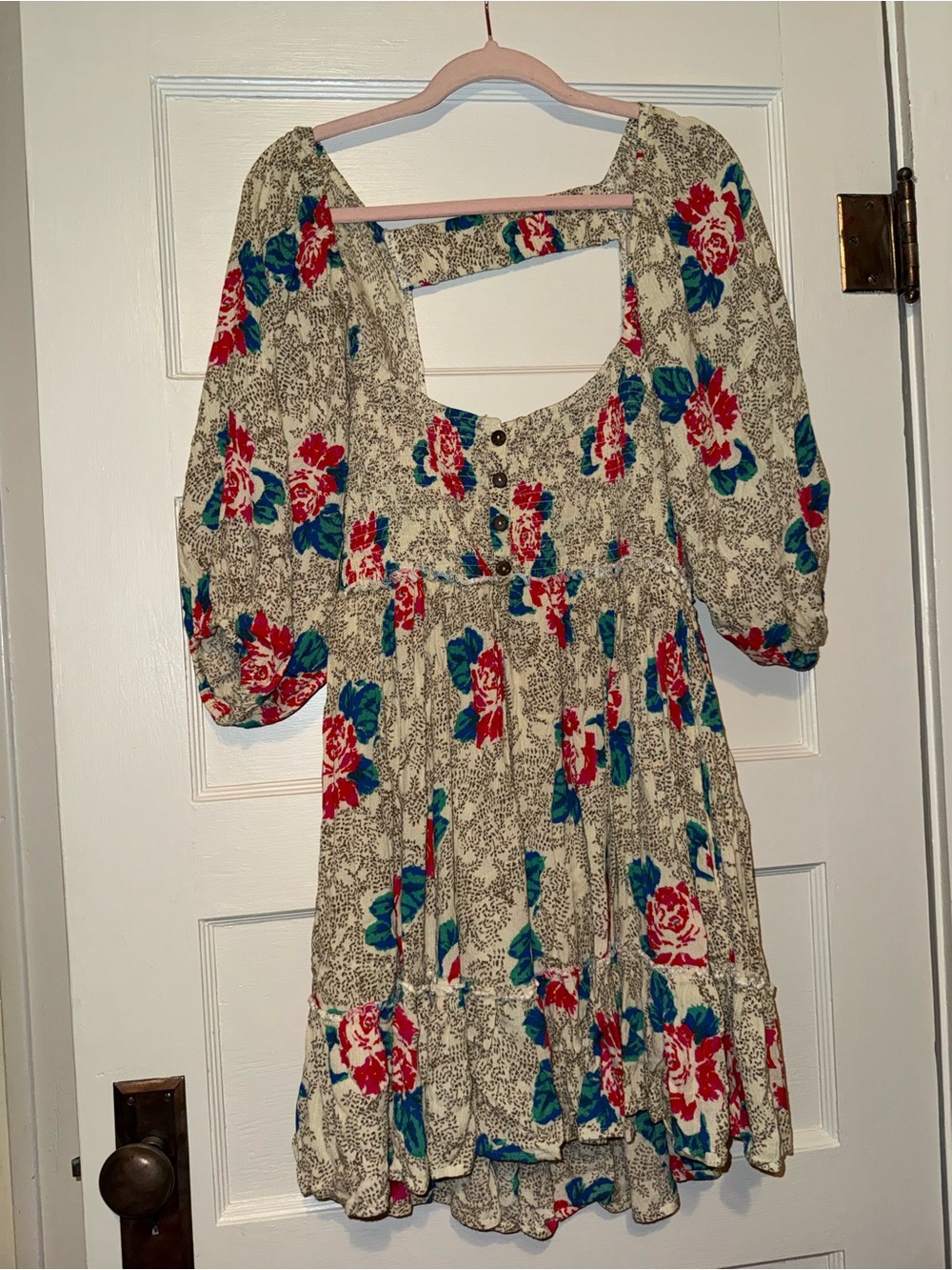 Free people Floral Peasant Dress - Cream with Red & Teal Flowers